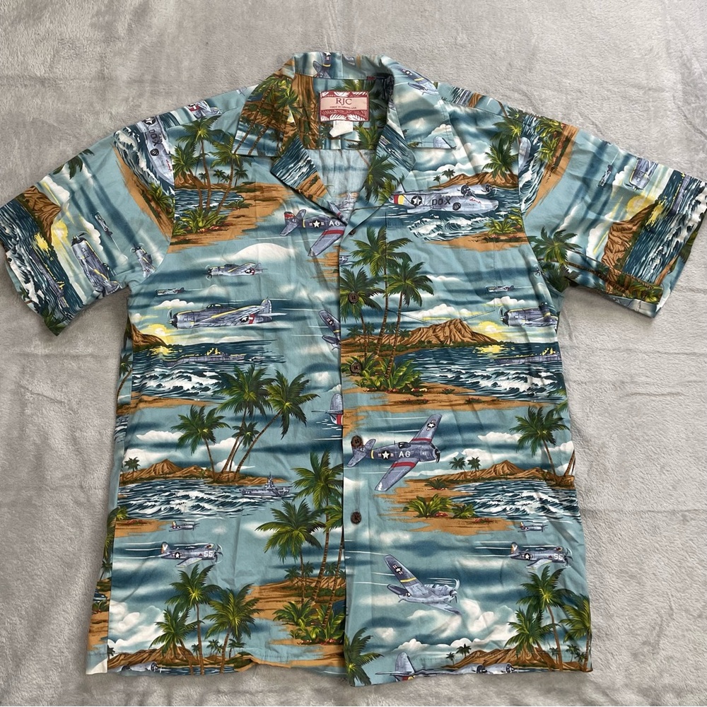 RJC Shirt Medium‎ Men’s Hawaiian Beach WWII Fighter Airplanes Tropical Vintage